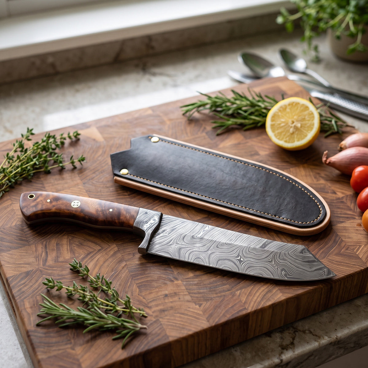 7.5" Damascus Chef Knife | Hardwood, with the Crownridge blade guard in use
