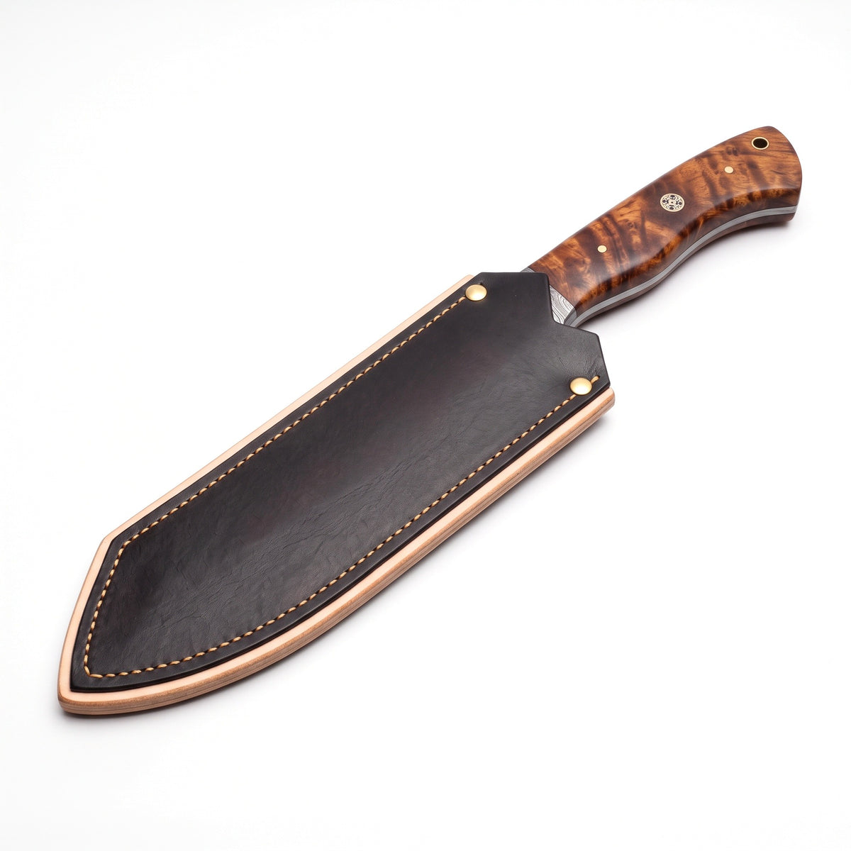 7.5" Damascus Chef Knife | Hardwood, seated in the Crownridge blade guard