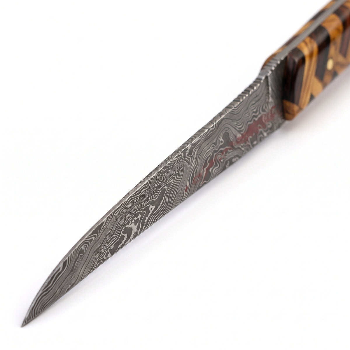 7" Damascus Fillet Knife | Olive Wood, Damascus blade close-up
