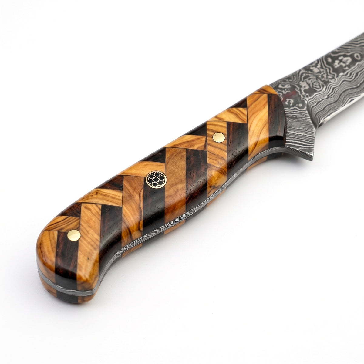 7" Damascus Fillet Knife | Olive Wood, handle and fittings close-up