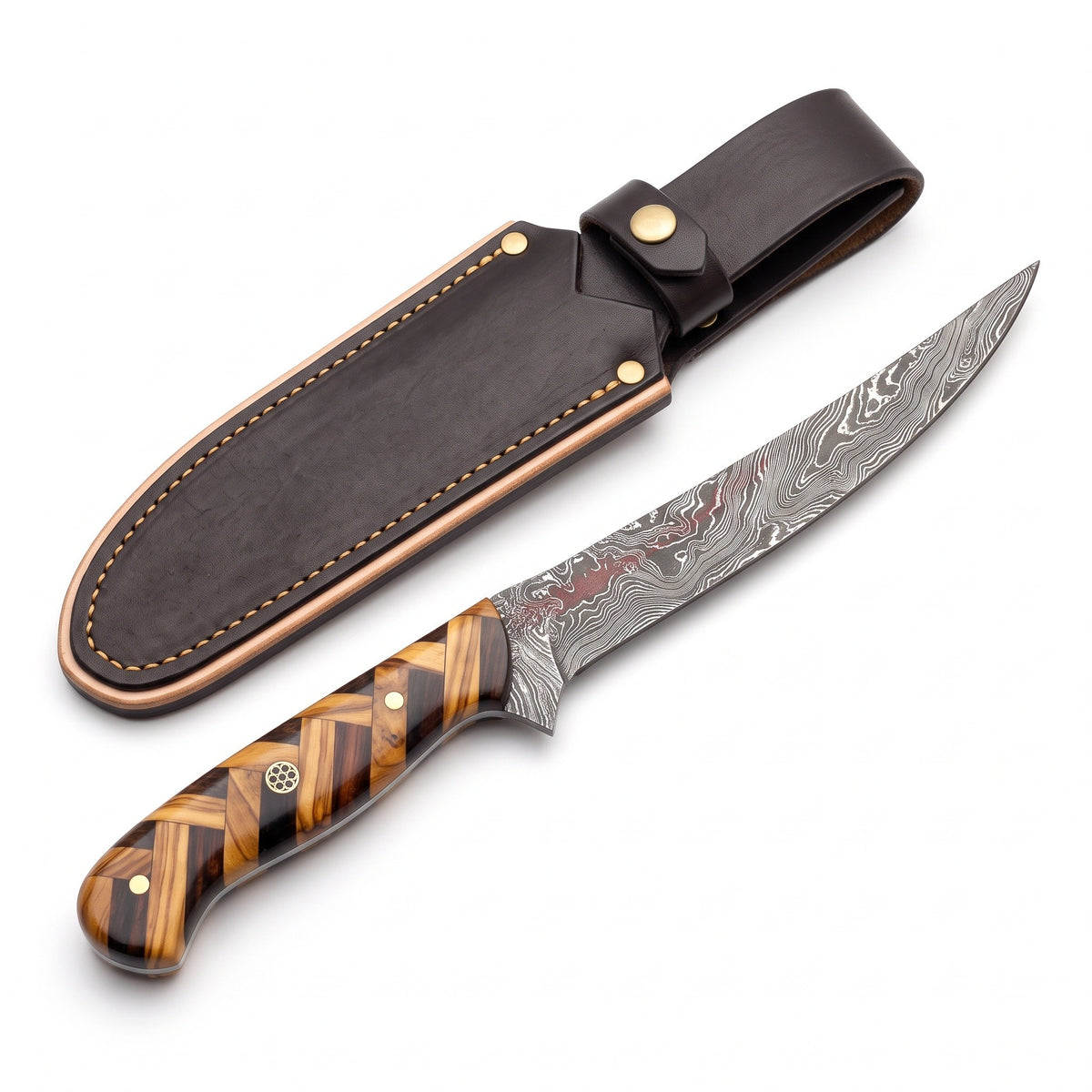 7" Damascus Fillet Knife | Olive Wood, three-quarter view with the Crownridge sheath