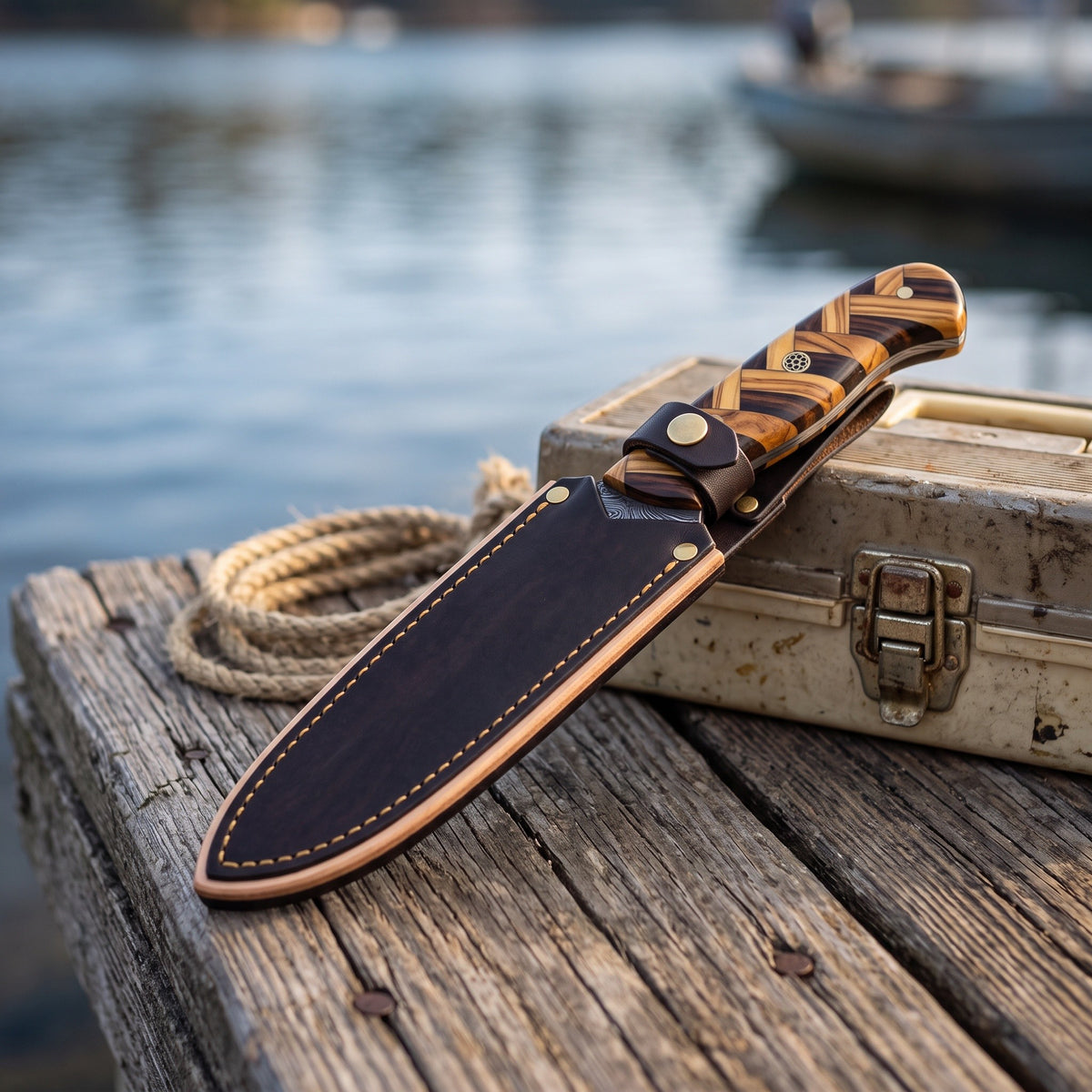 7" Damascus Fillet Knife | Olive Wood, with the Crownridge sheath in use
