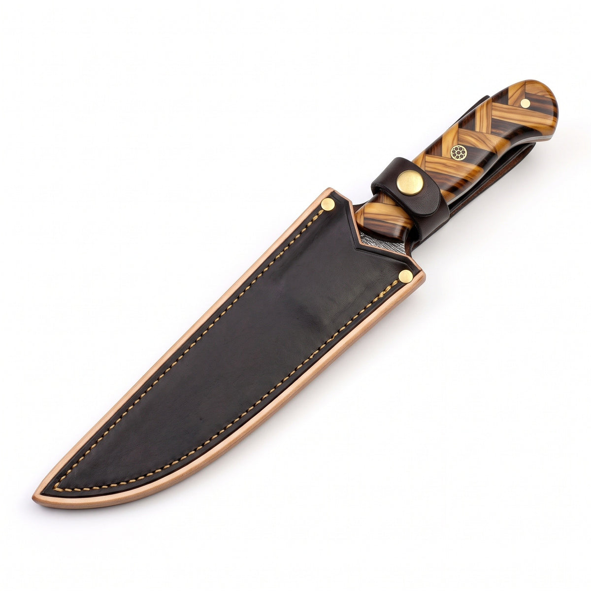 7" Damascus Fillet Knife | Olive Wood, seated in the Crownridge sheath