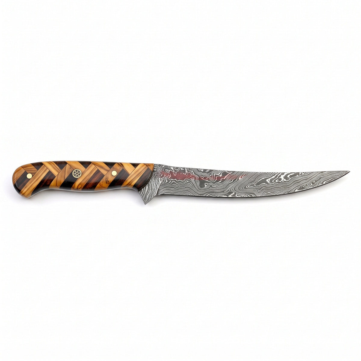 7" Damascus Fillet Knife | Olive Wood, side profile on white
