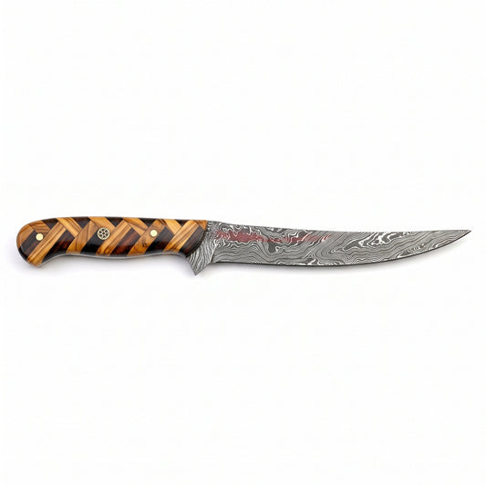 7" Damascus Fillet Knife | Olive Wood, side profile on white