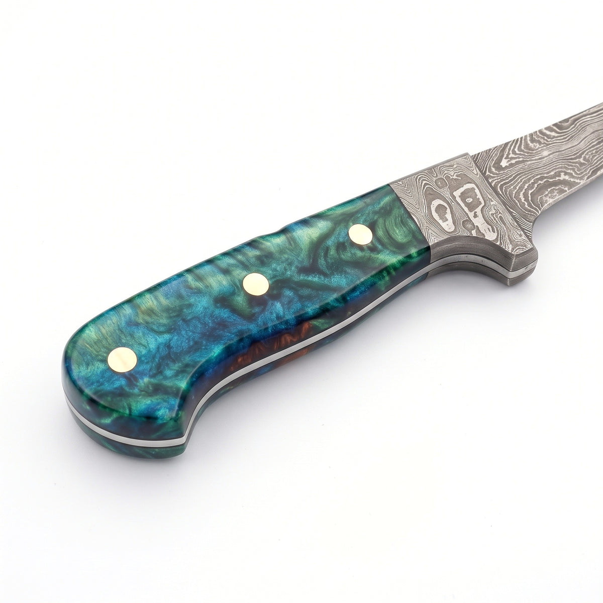 7" Damascus Fillet Knife | Rosewood, handle and fittings close-up
