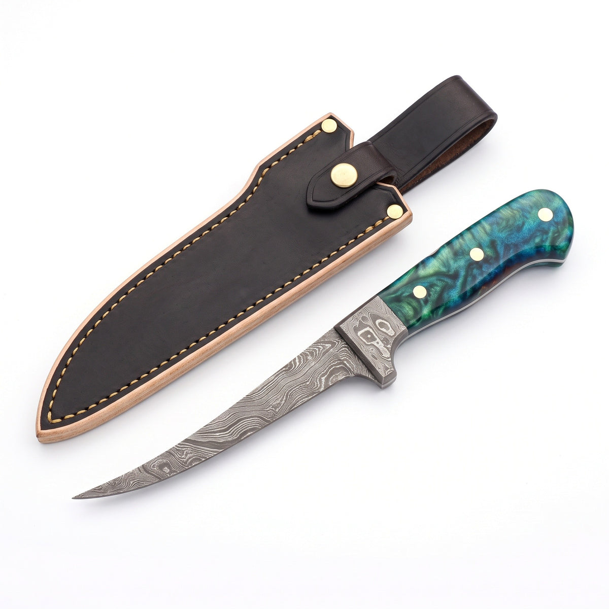 7" Damascus Fillet Knife | Rosewood, three-quarter view with the Crownridge sheath