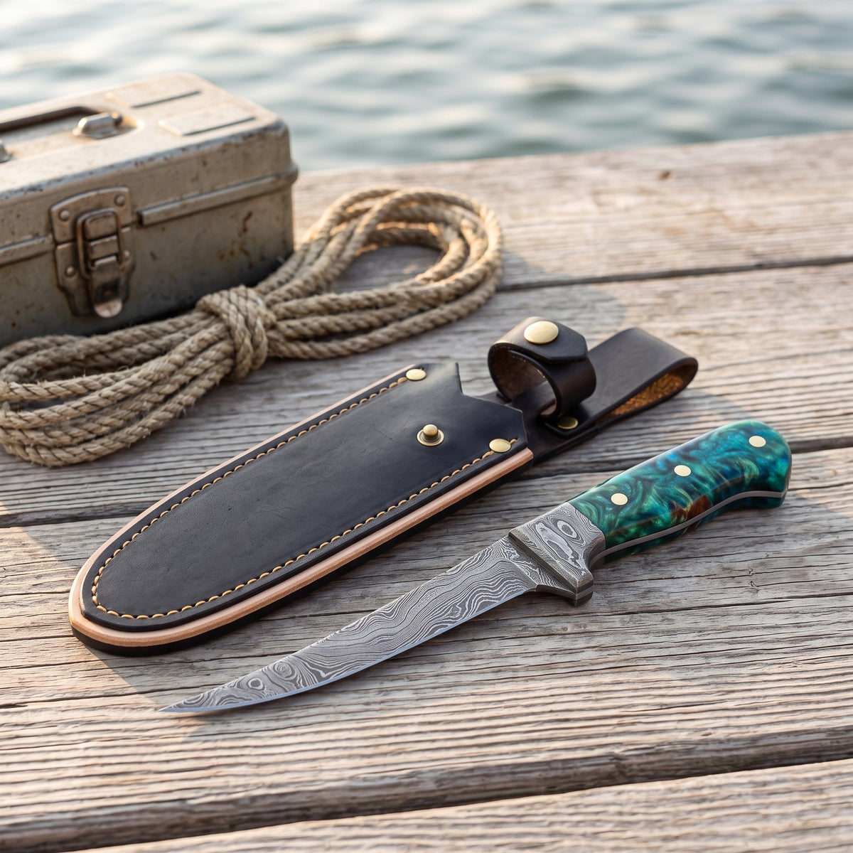 7" Damascus Fillet Knife | Rosewood, with the Crownridge sheath in use