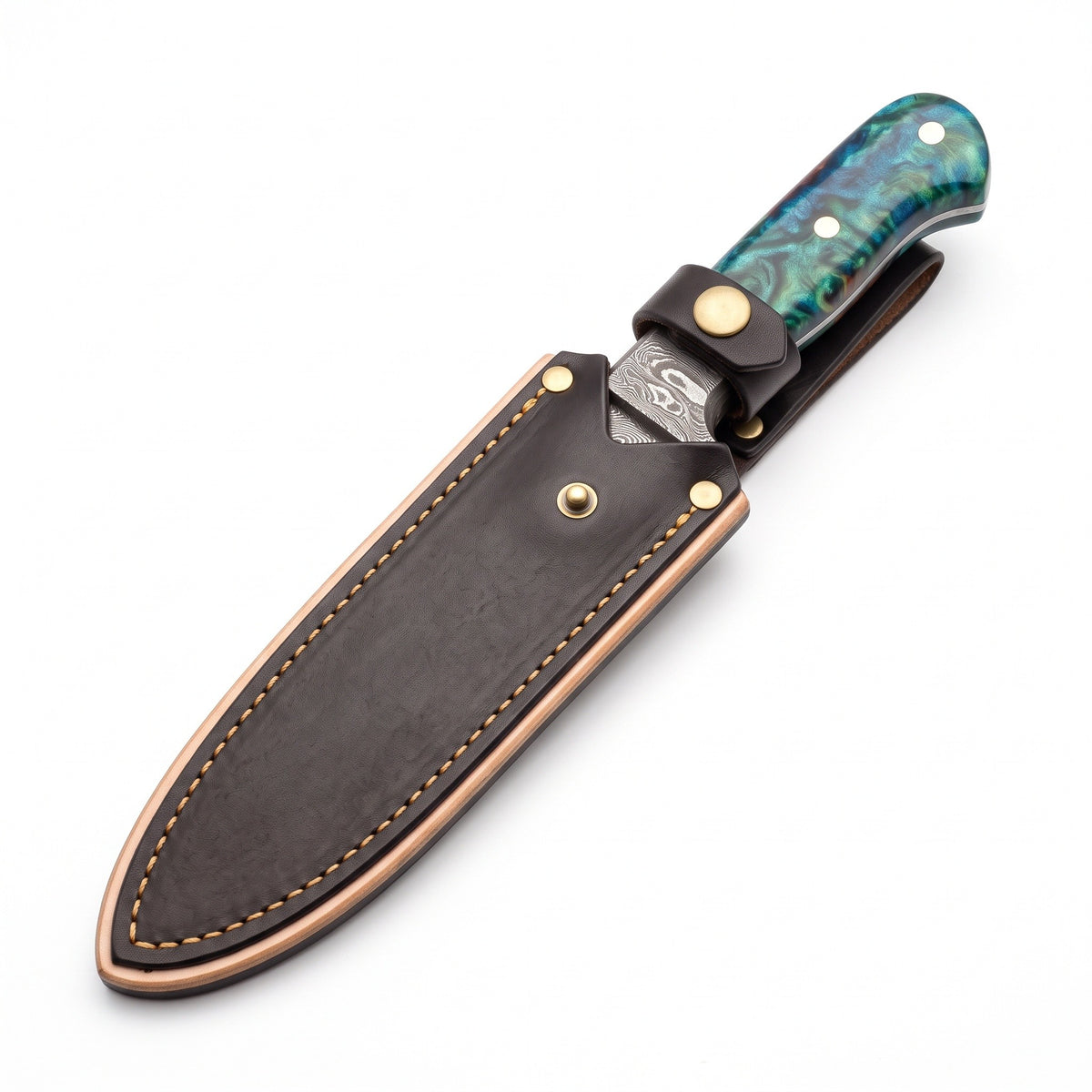 7" Damascus Fillet Knife | Rosewood, seated in the Crownridge sheath