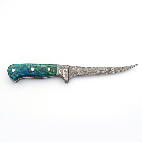 7" Damascus Fillet Knife | Rosewood, side profile on white