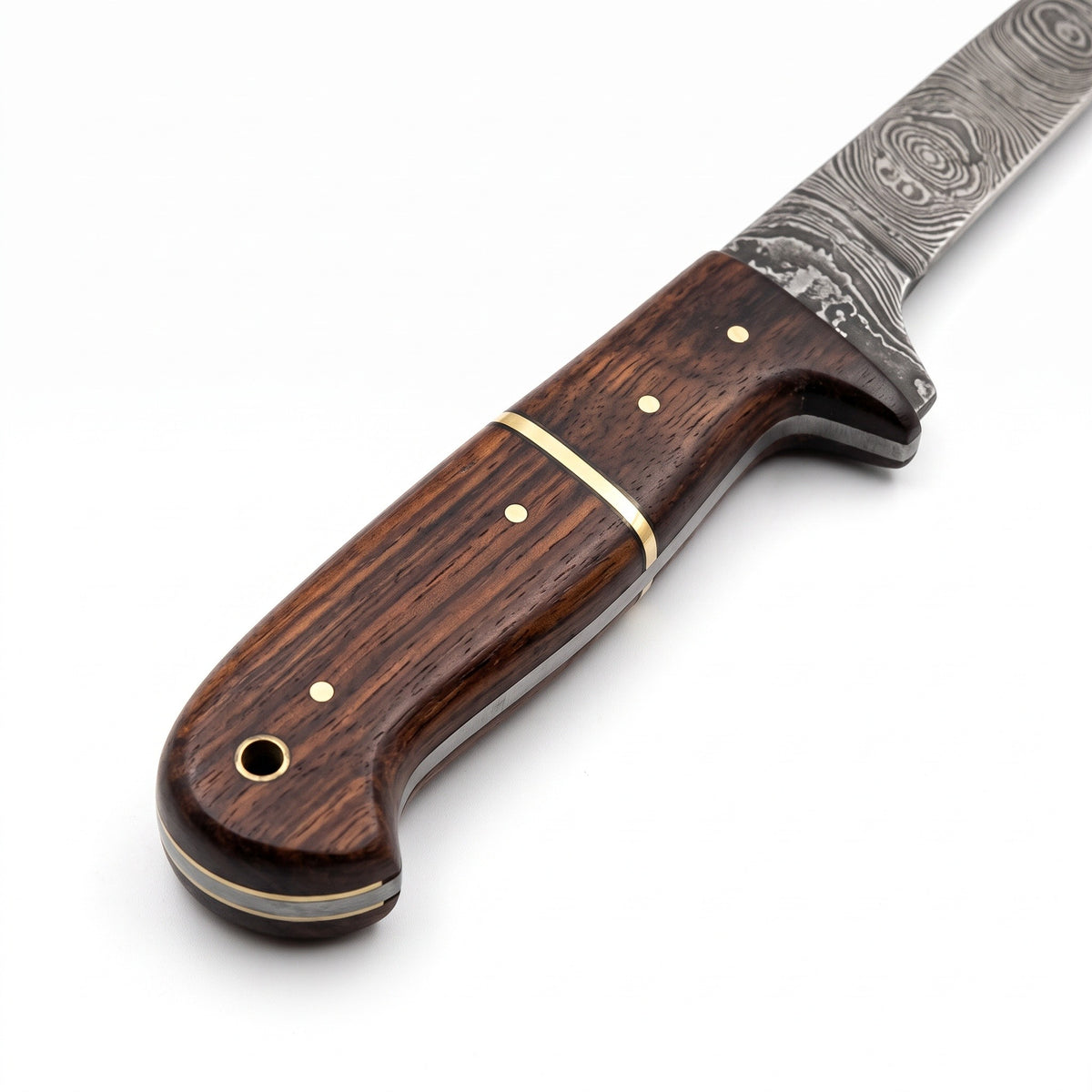 7" Damascus Fillet Knife | Two-Tone Rosewood, handle and fittings close-up
