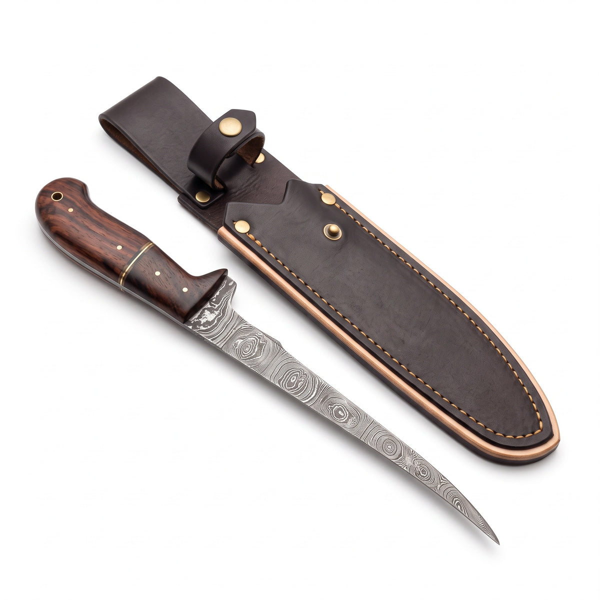 7" Damascus Fillet Knife | Two-Tone Rosewood, three-quarter view with the Crownridge sheath