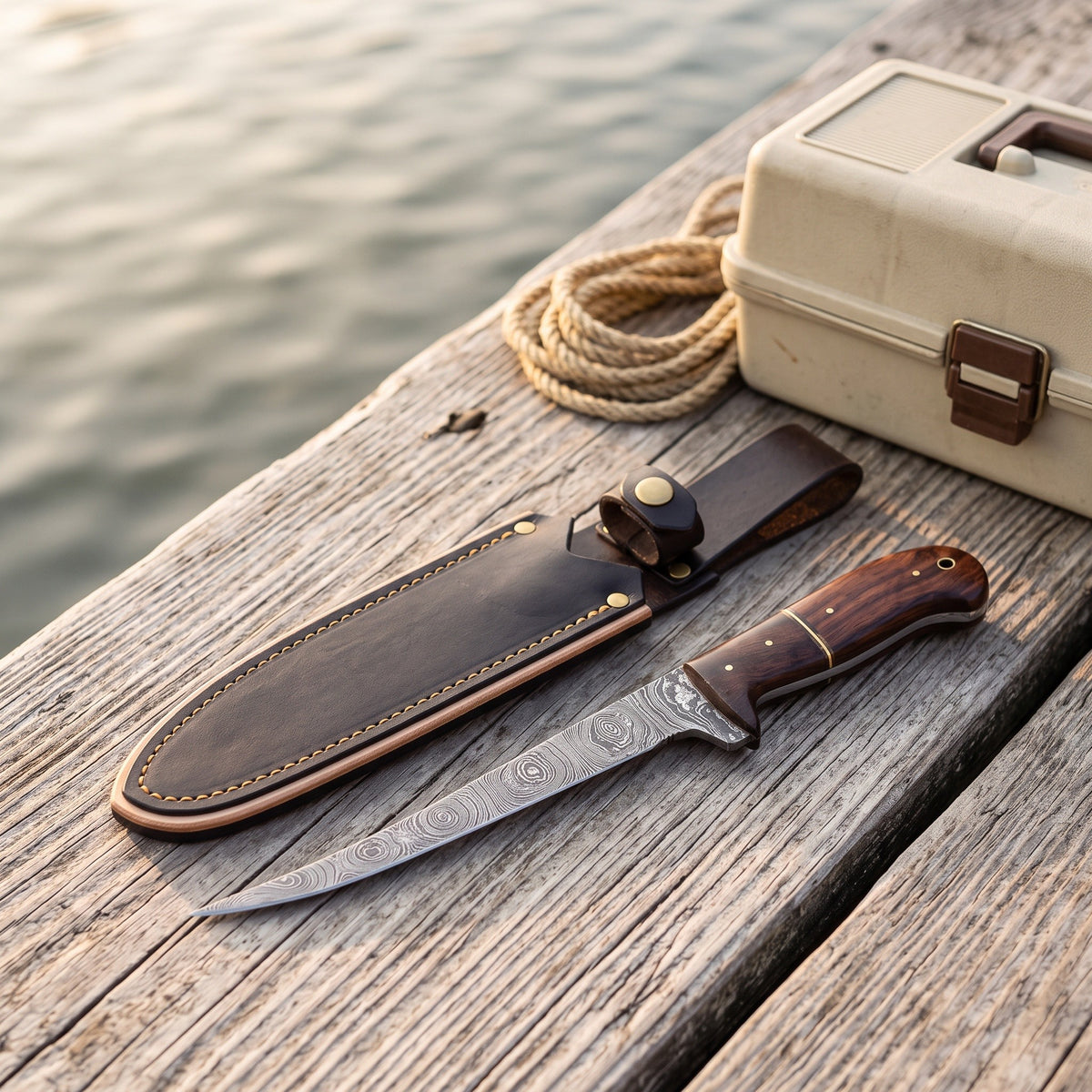 7" Damascus Fillet Knife | Two-Tone Rosewood, with the Crownridge sheath in use