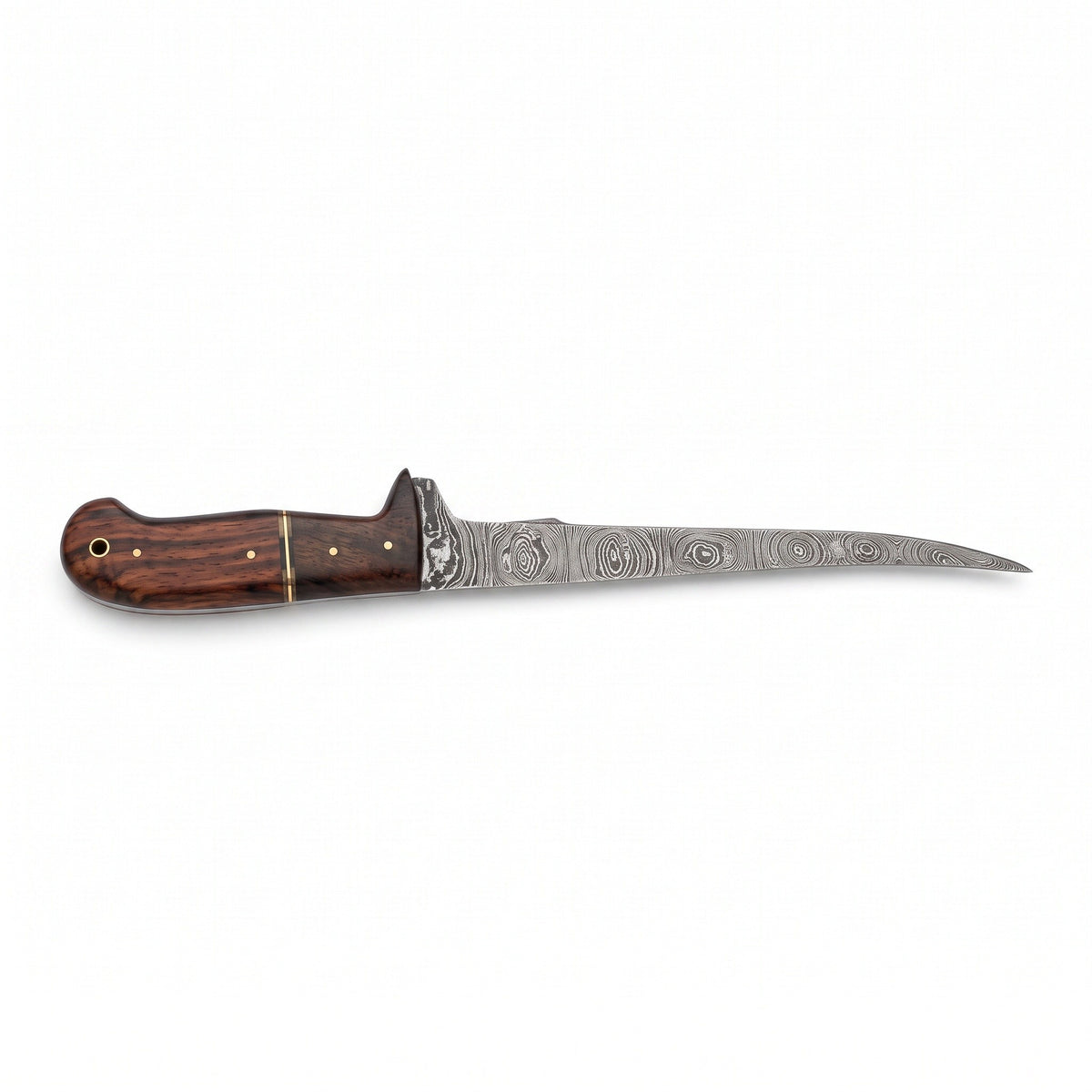 7" Damascus Fillet Knife | Two-Tone Rosewood, side profile on white