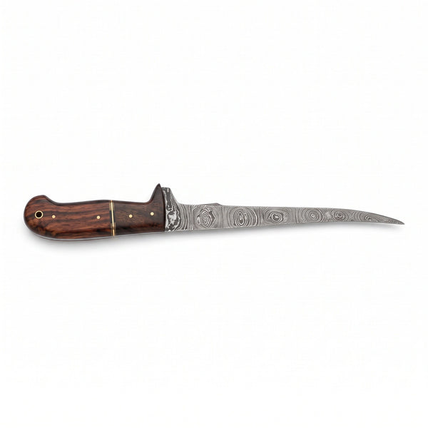 7" Damascus Fillet Knife | Two-Tone Rosewood, side profile on white