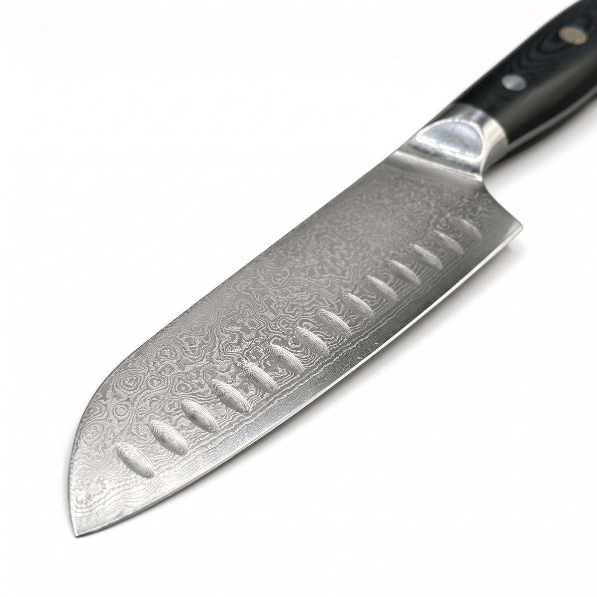 7" Damascus Santoku Knife | Black Micarta, Damascus blade close-up