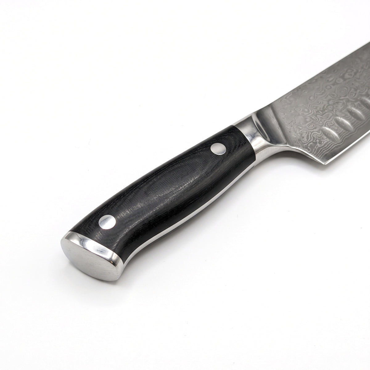 7" Damascus Santoku Knife | Black Micarta, handle and fittings close-up