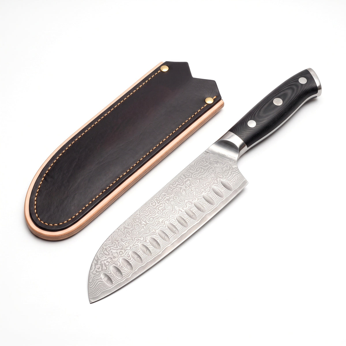 7" Damascus Santoku Knife | Black Micarta, three-quarter view with the Crownridge blade guard