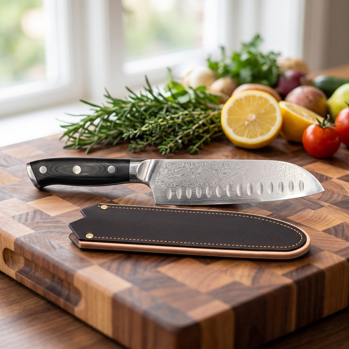 7" Damascus Santoku Knife | Black Micarta, with the Crownridge blade guard in use