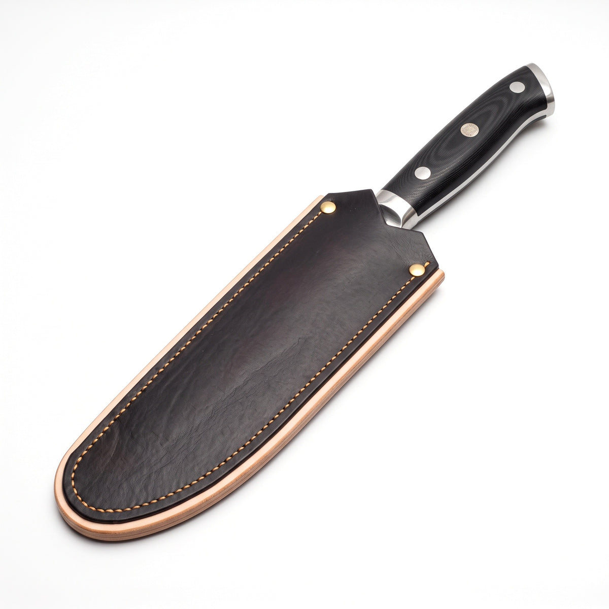 7" Damascus Santoku Knife | Black Micarta, seated in the Crownridge blade guard