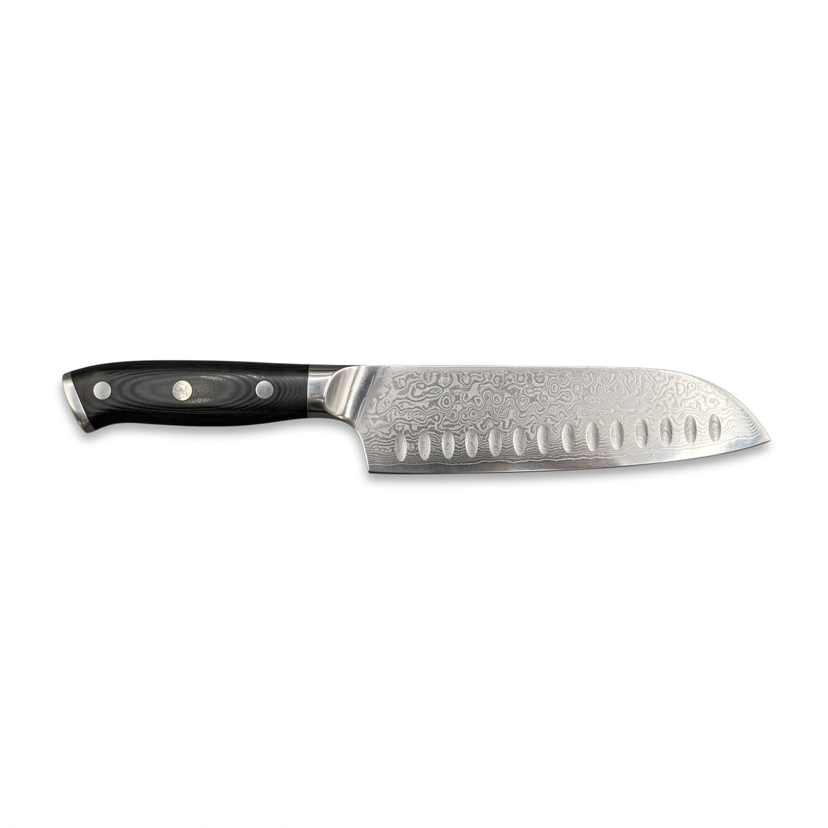 7" Damascus Santoku Knife | Black Micarta, side profile on white