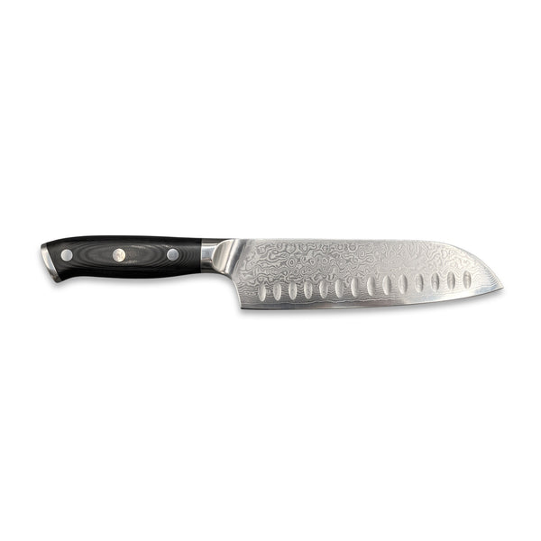 7" Damascus Santoku Knife | Black Micarta, side profile on white