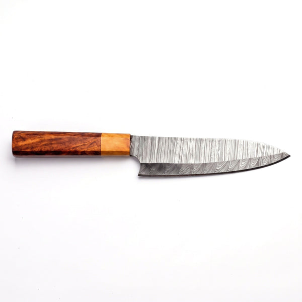 7" Damascus Santoku Knife | Rosewood & Brass, side profile on white