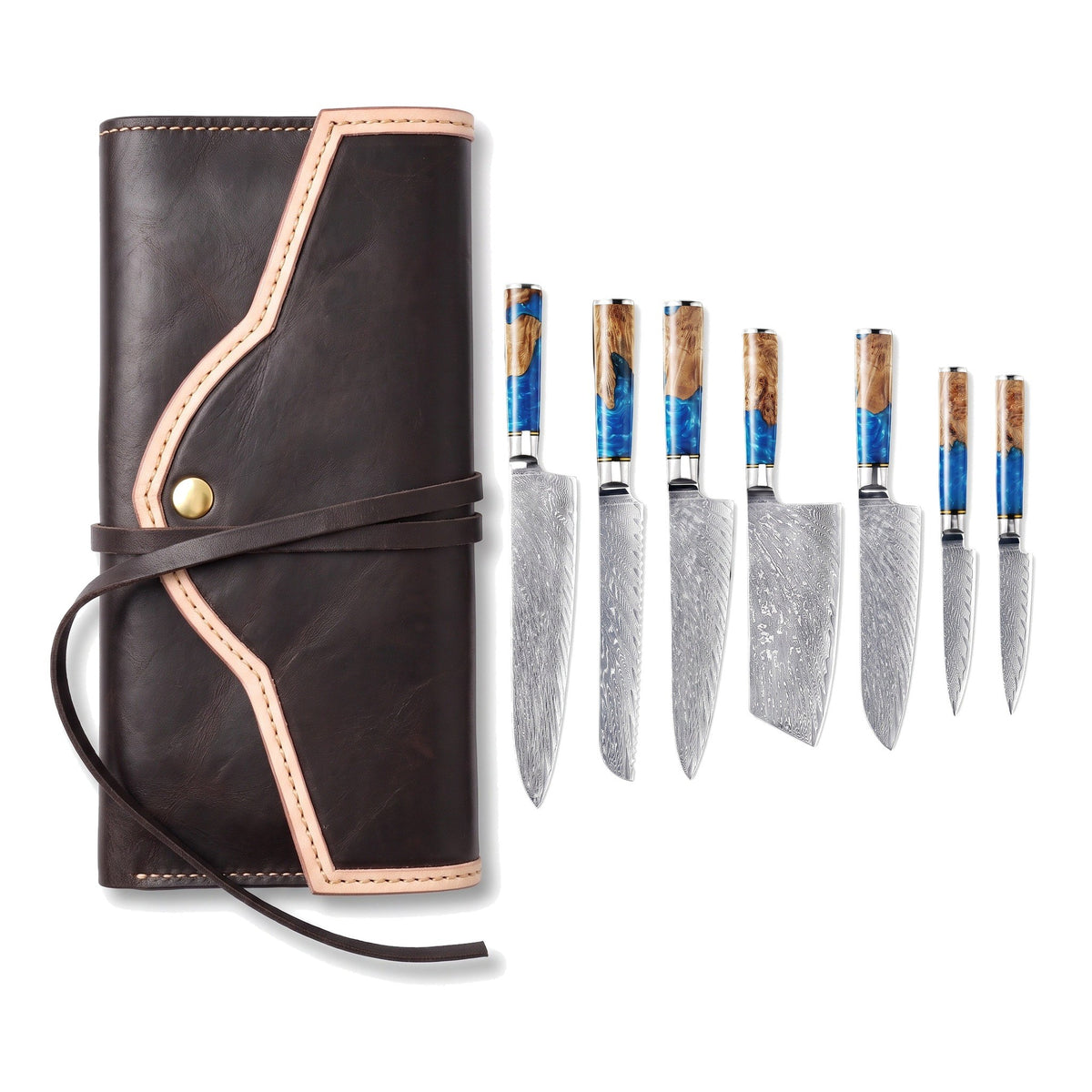 7-Piece Damascus Kitchen Knife Set | Resin, three-quarter view with the Crownridge knife roll