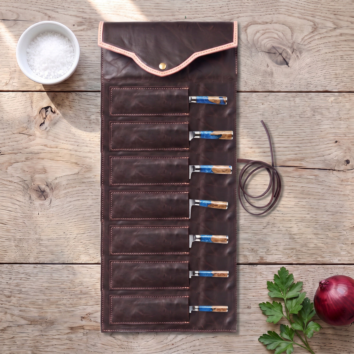7-Piece Damascus Kitchen Knife Set | Resin, with the Crownridge knife roll in use