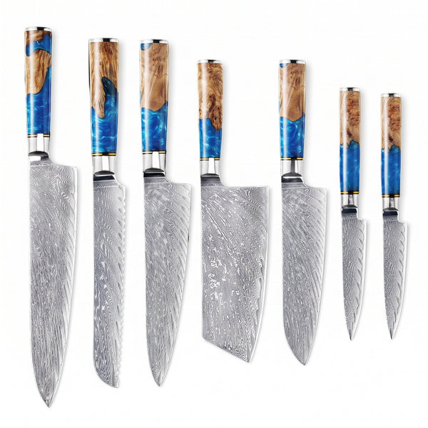 7-Piece Damascus Kitchen Knife Set | Resin, side profile on white