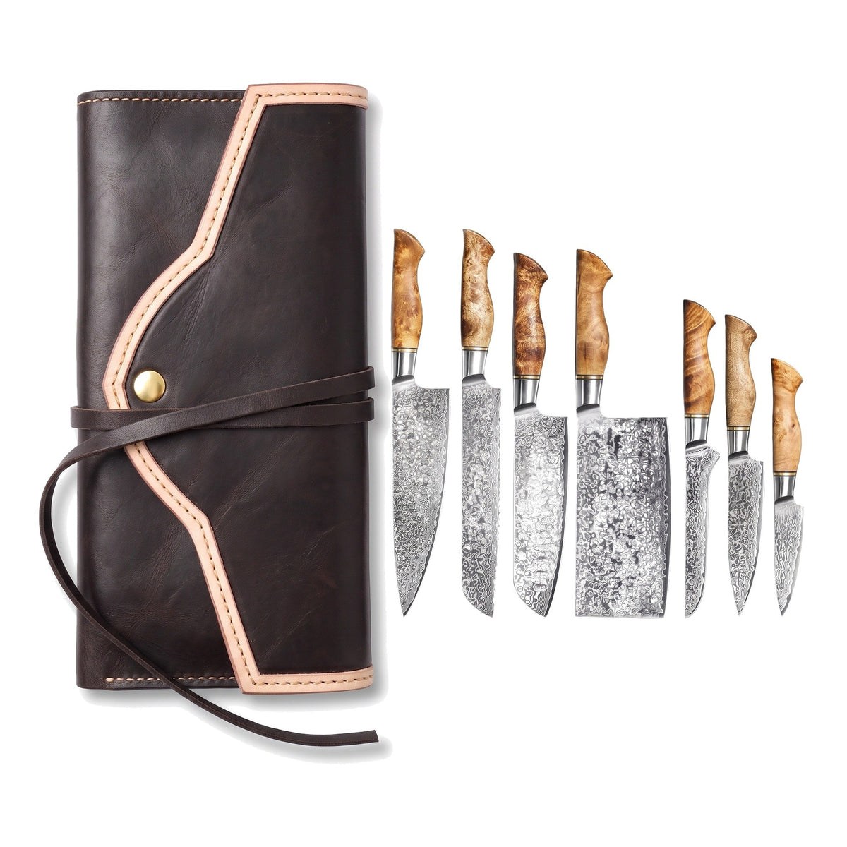 7-Piece Damascus Kitchen Knife Set | Sycamore, three-quarter view with the Crownridge knife roll