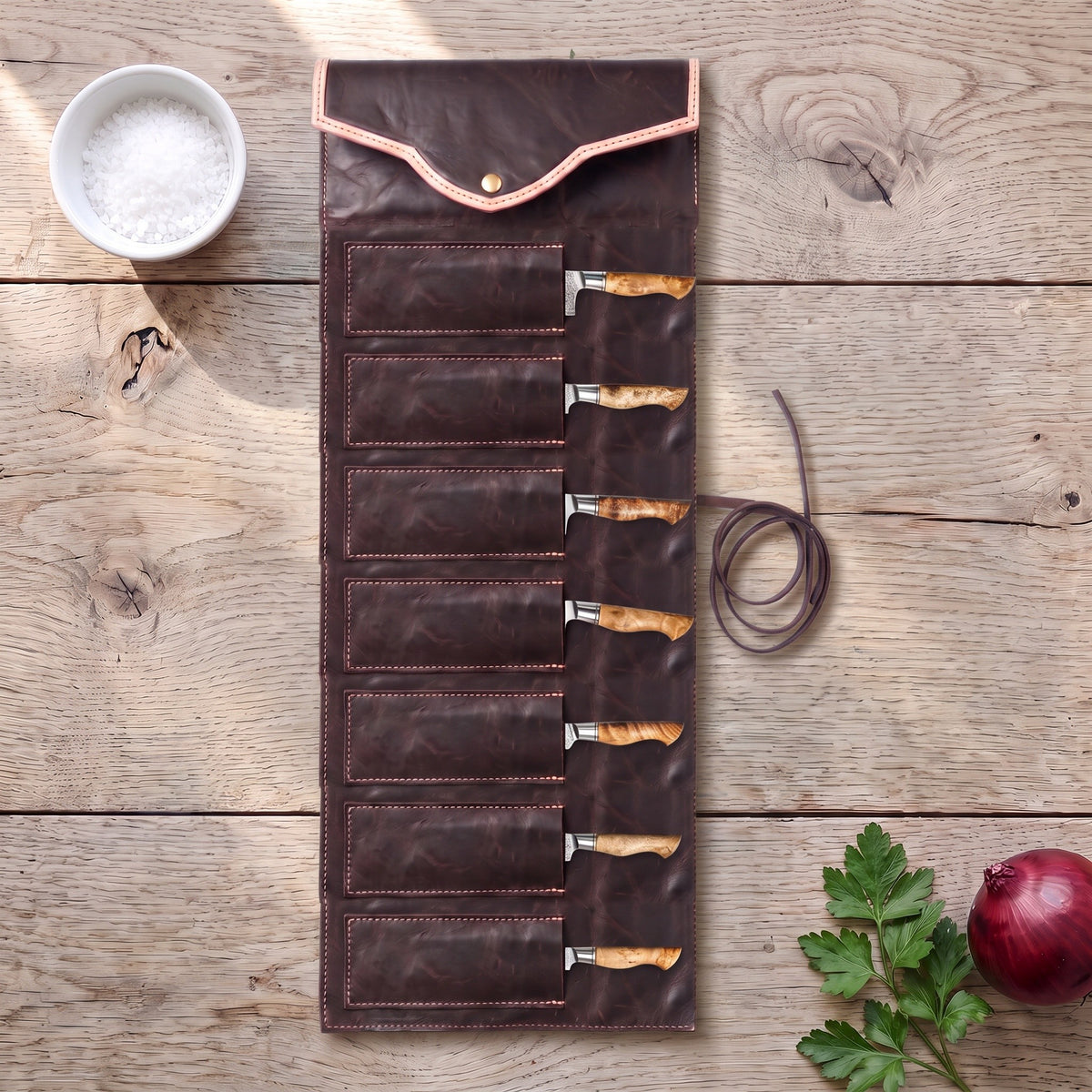 7-Piece Damascus Kitchen Knife Set | Sycamore, with the Crownridge knife roll in use