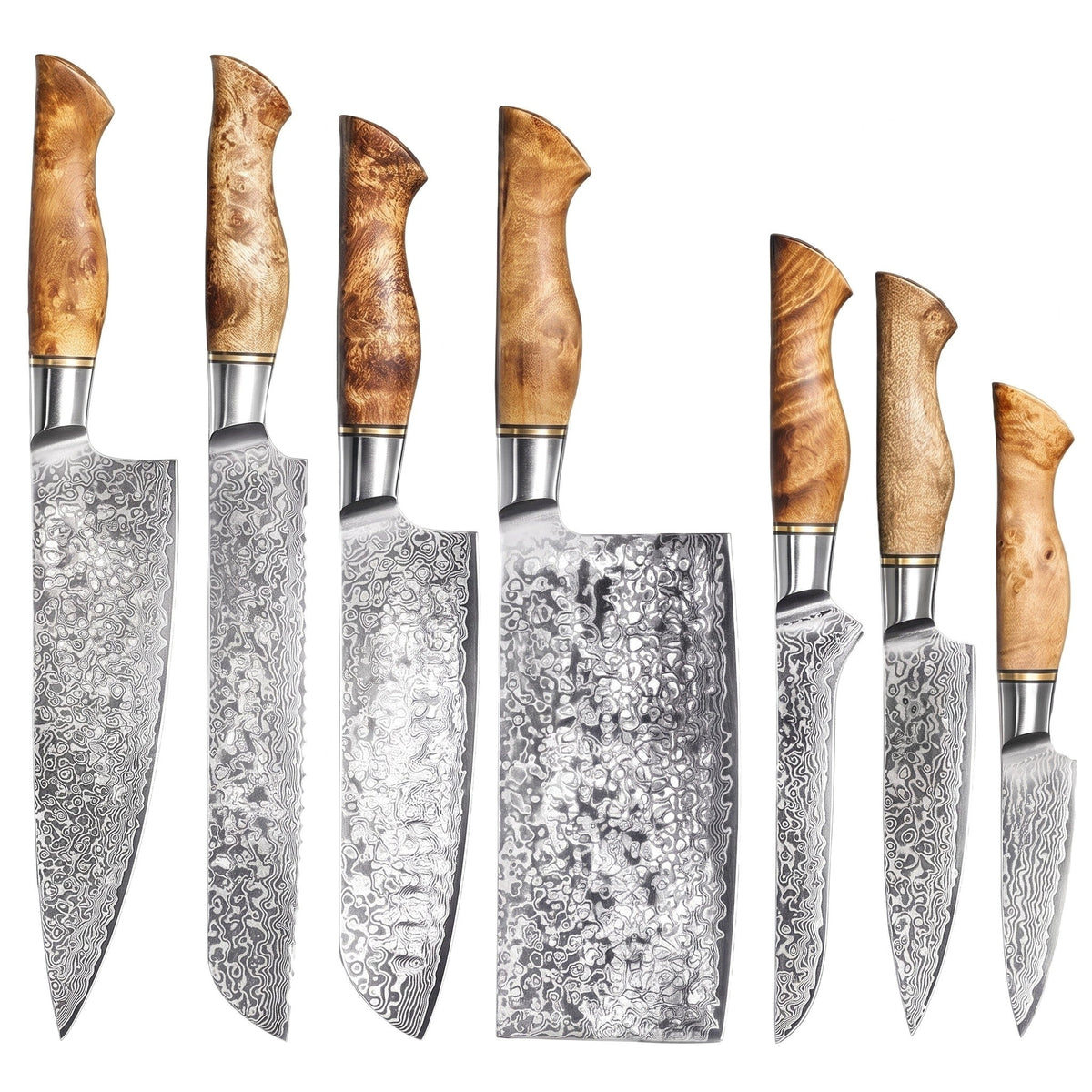 7-Piece Damascus Kitchen Knife Set | Sycamore, side profile on white