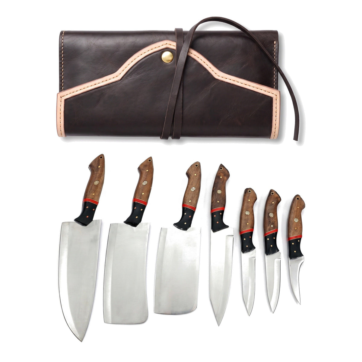 7-Piece Stainless Kitchen Knife Set | Pakka Wood, three-quarter view with the Crownridge knife roll