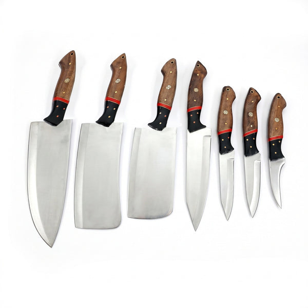7-Piece Stainless Kitchen Knife Set | Pakka Wood, side profile on white, every piece