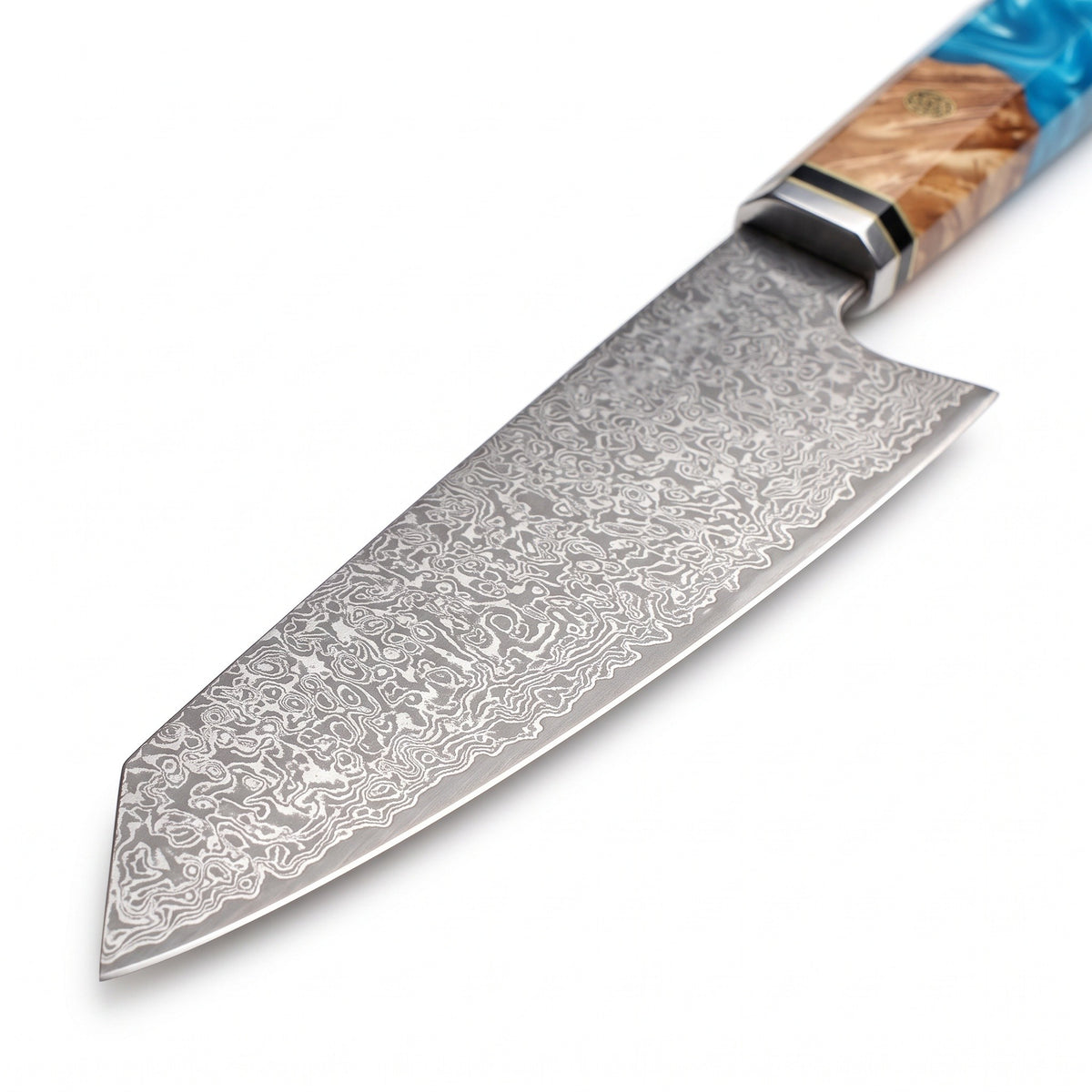8" Damascus Kiritsuke Knife | Blue Resin & Burl, Damascus blade close-up