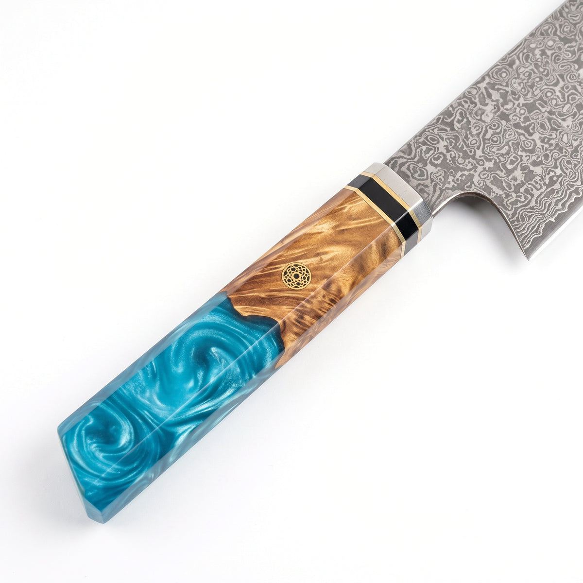 8" Damascus Kiritsuke Knife | Blue Resin & Burl, handle and fittings close-up