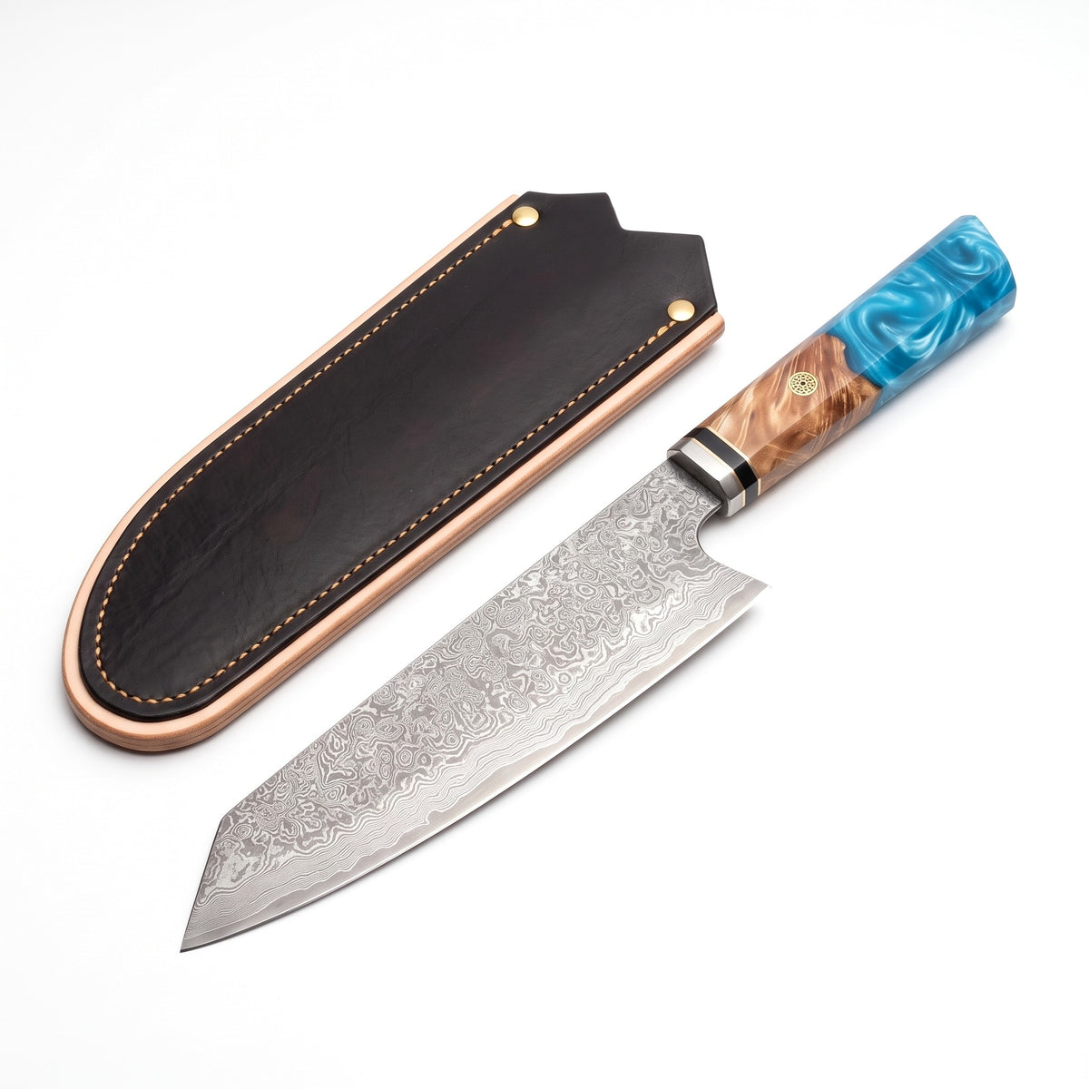 8" Damascus Kiritsuke Knife | Blue Resin & Burl, three-quarter view with the Crownridge blade guard