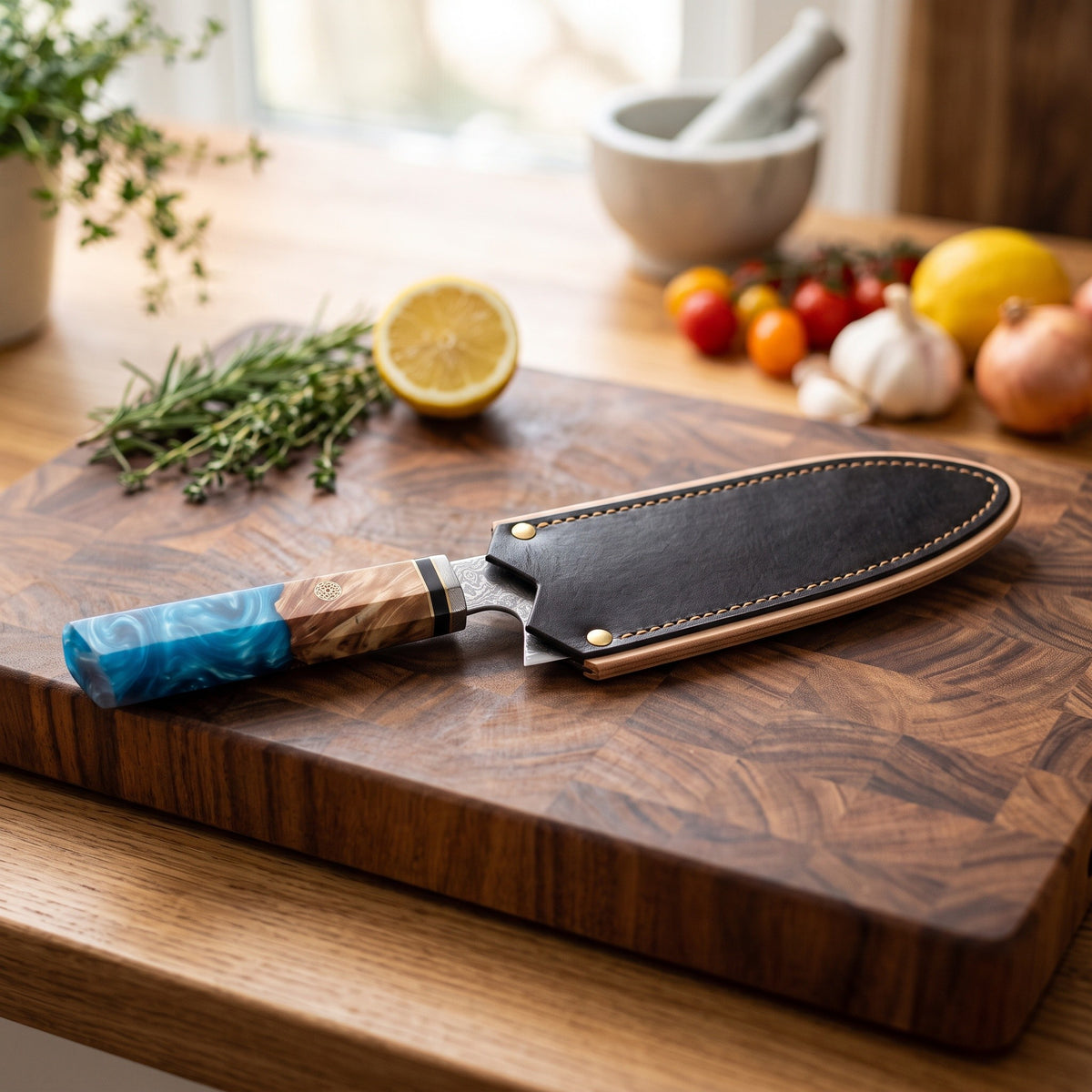 8" Damascus Kiritsuke Knife | Blue Resin & Burl, with the Crownridge blade guard in use