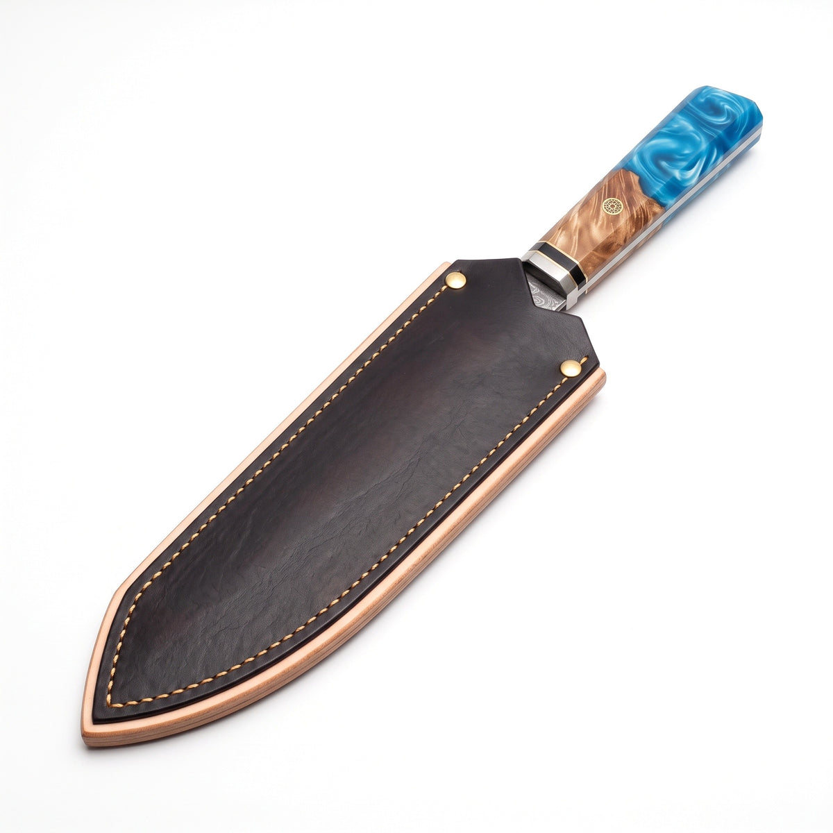 8" Damascus Kiritsuke Knife | Blue Resin & Burl, seated in the Crownridge blade guard