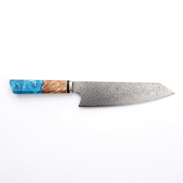 8" Damascus Kiritsuke Knife | Blue Resin & Burl, side profile on white