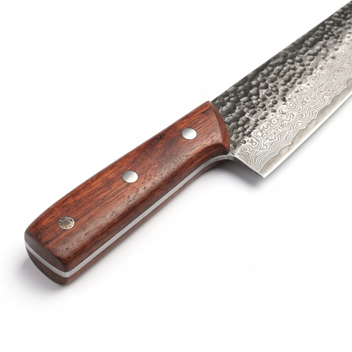 7.25" Damascus Kiritsuke Knife | Rosewood, handle and fittings close-up