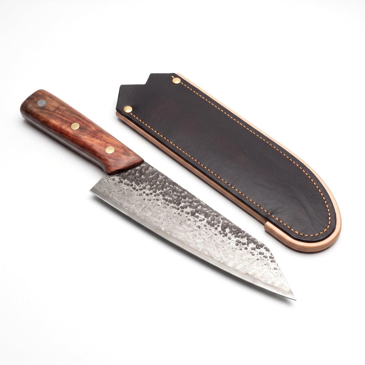 7.25" Damascus Kiritsuke Knife | Rosewood, three-quarter view with the Crownridge blade guard