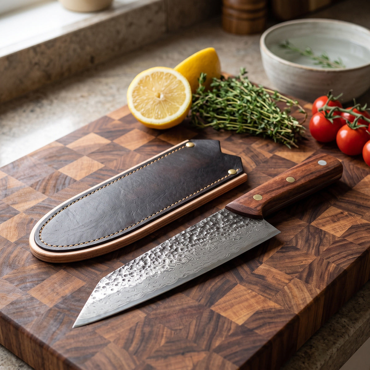 7.25" Damascus Kiritsuke Knife | Rosewood, with the Crownridge blade guard in use