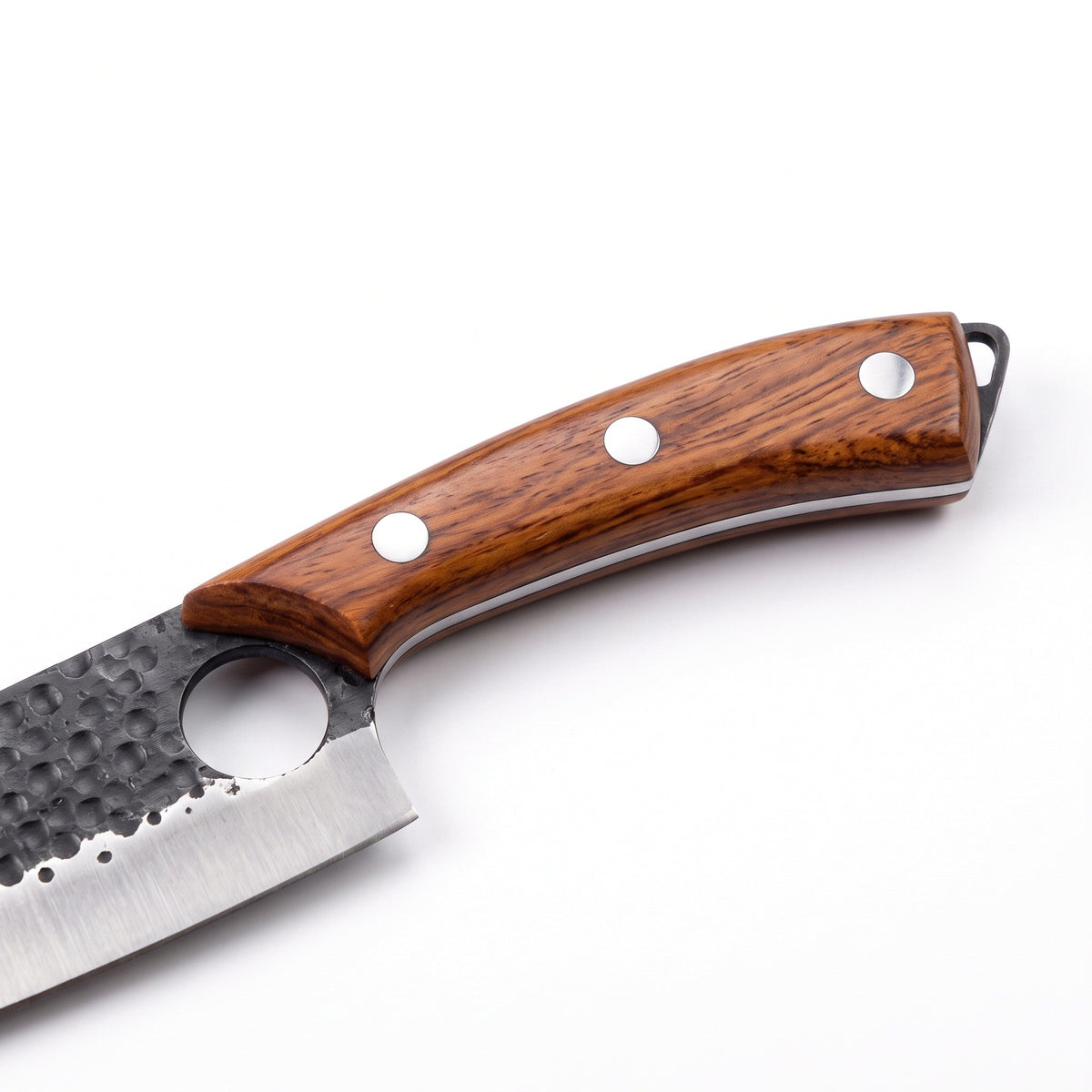 8" Carbon Steel Chef Knife | Rosewood, handle and fittings close-up