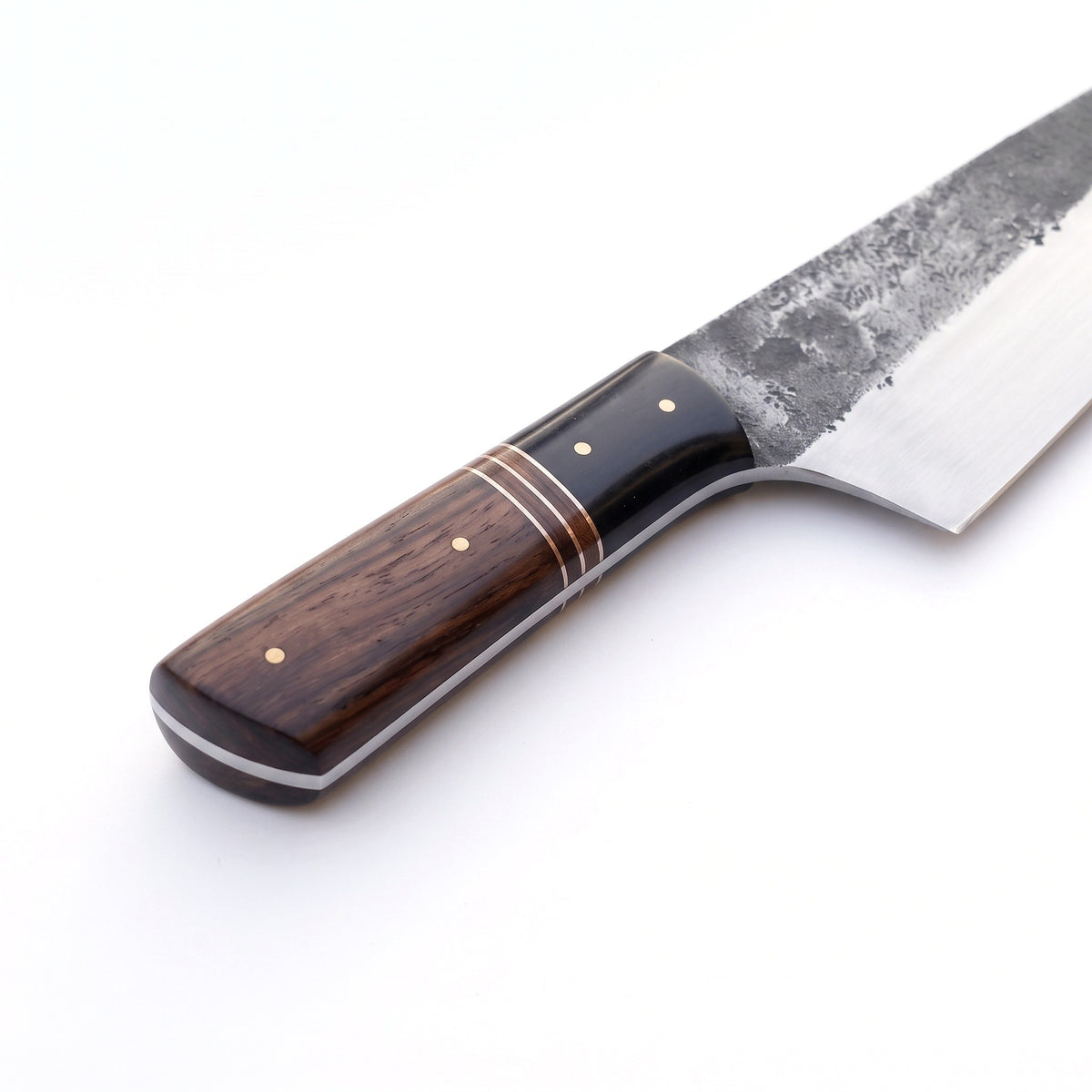 8" Carbon Steel Chef Knife | Rosewood II, handle and fittings close-up