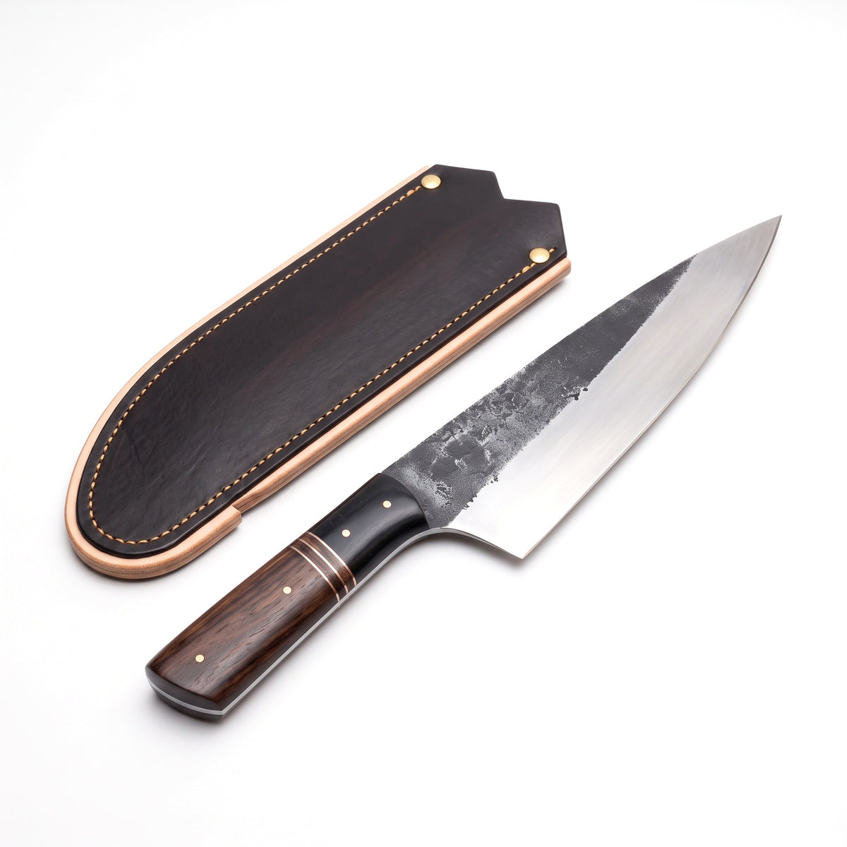 8" Carbon Steel Chef Knife | Rosewood II, three-quarter view with the Crownridge blade guard