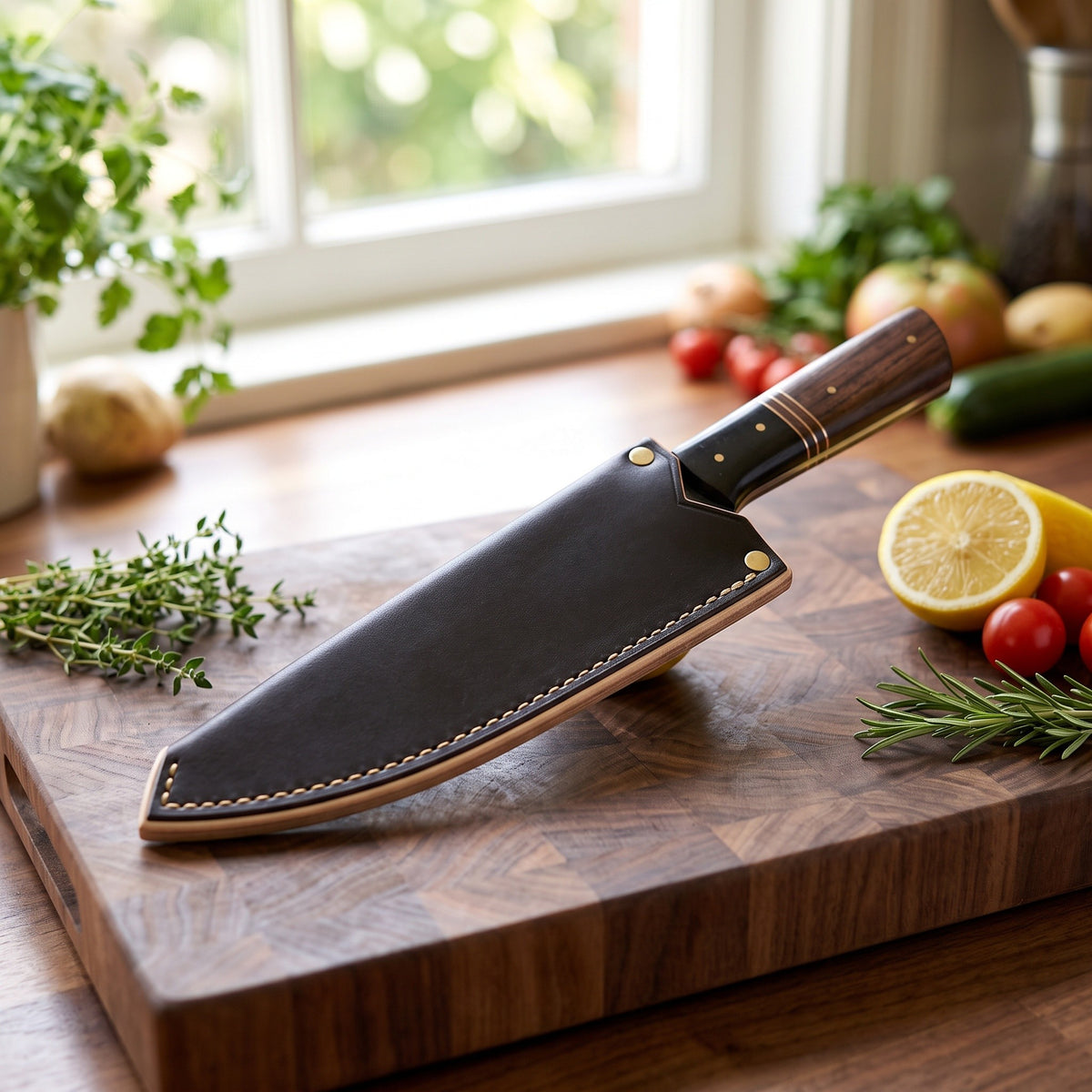 8" Carbon Steel Chef Knife | Rosewood II, with the Crownridge blade guard in use