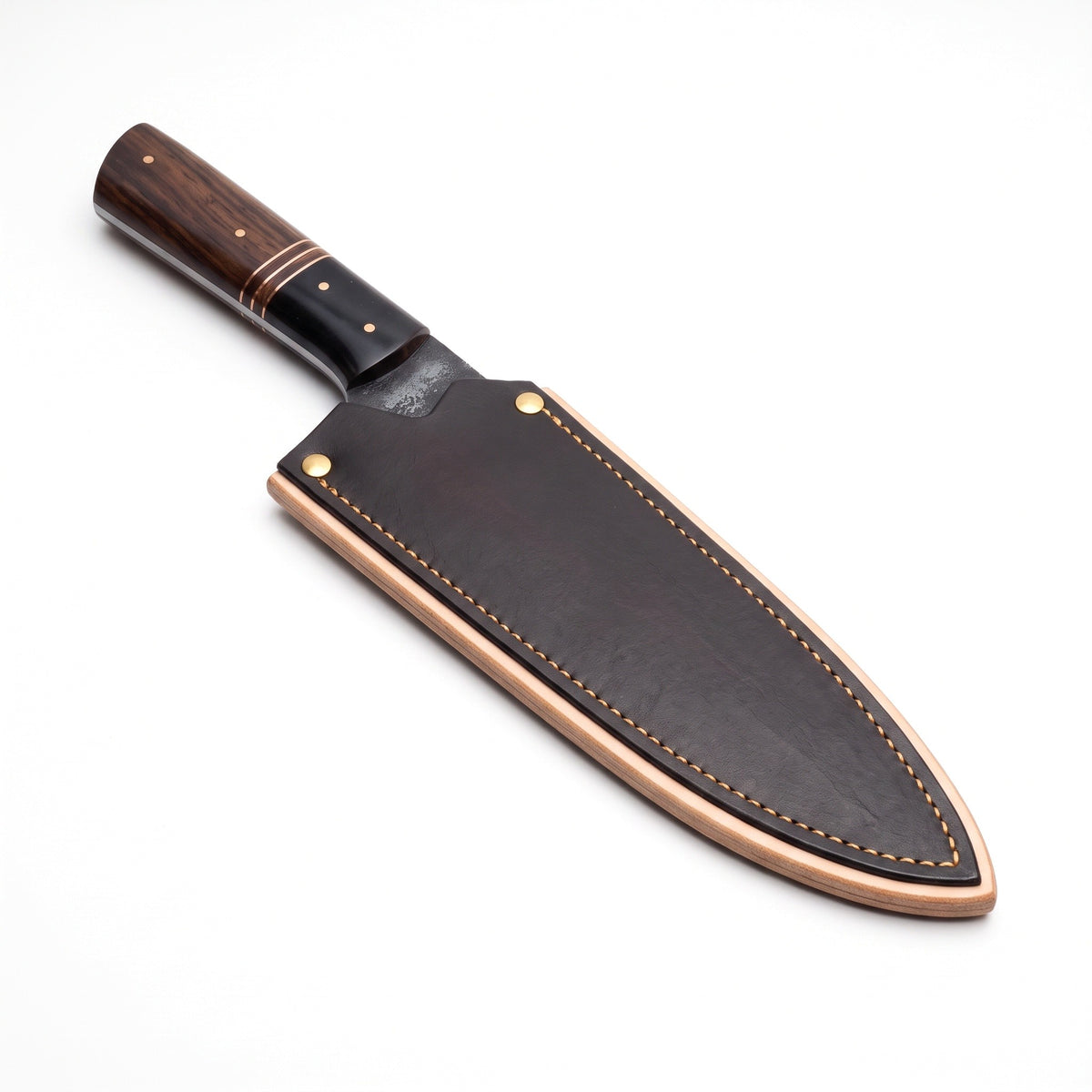 8" Carbon Steel Chef Knife | Rosewood II, seated in the Crownridge blade guard