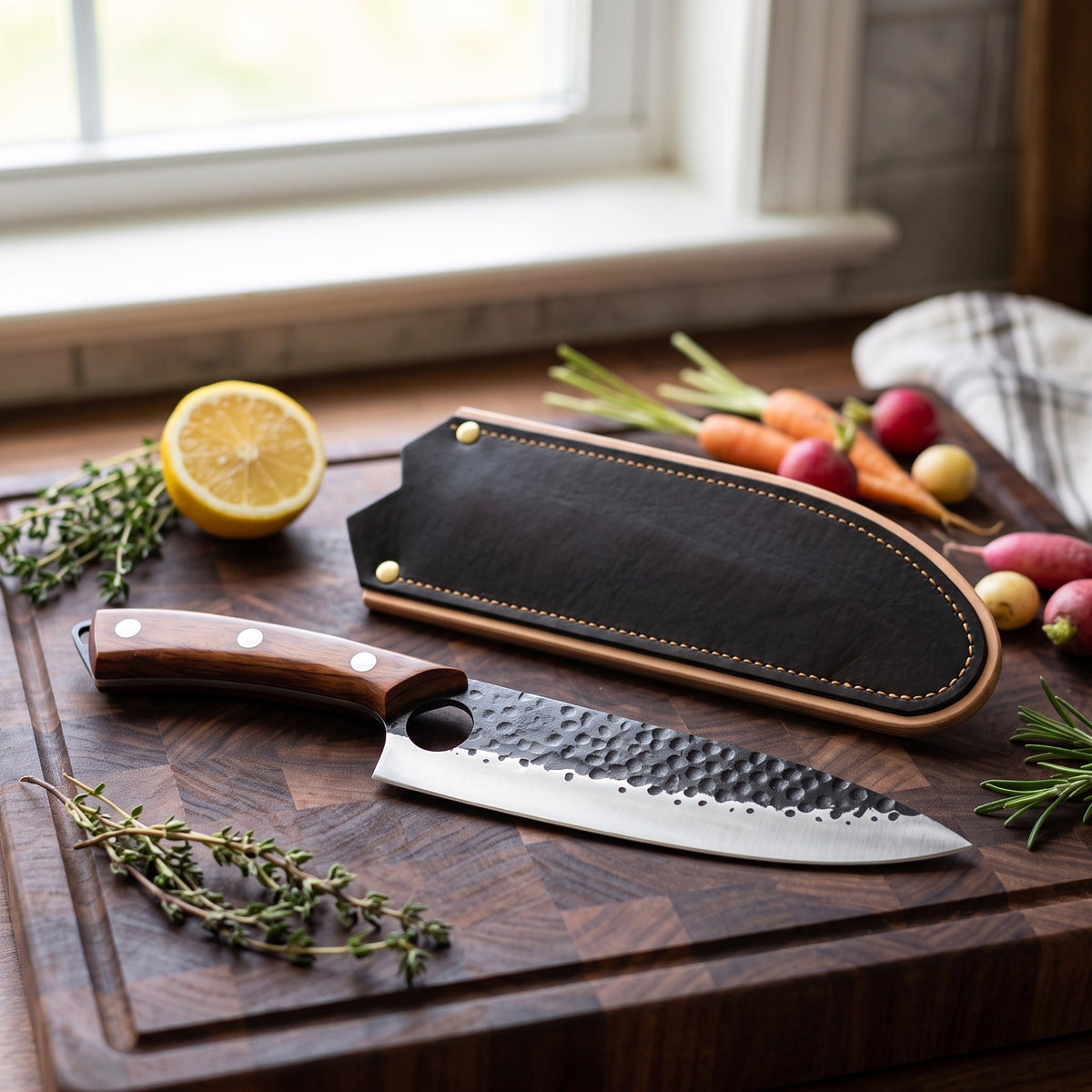 8" Carbon Steel Chef Knife | Rosewood, with the Crownridge blade guard in use